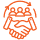 An illustration featuring two hands shaking, surrounded by three stylized figures, symbolizing partnership and teamwork. The design is in a bright orange color against a dark background.